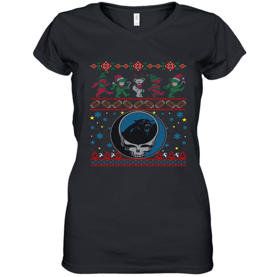 Carolina Panthers Christmas Grateful Dead Jingle Bears Football Ugly Sweatshirt Women’s V-Neck T-Shirt