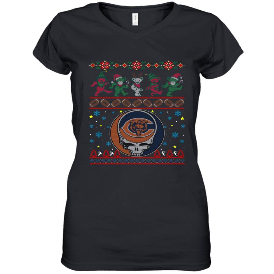 Chicago Bears Christmas Grateful Dead Jingle Bears Football Ugly Sweatshirt Women’s V-Neck T-Shirt