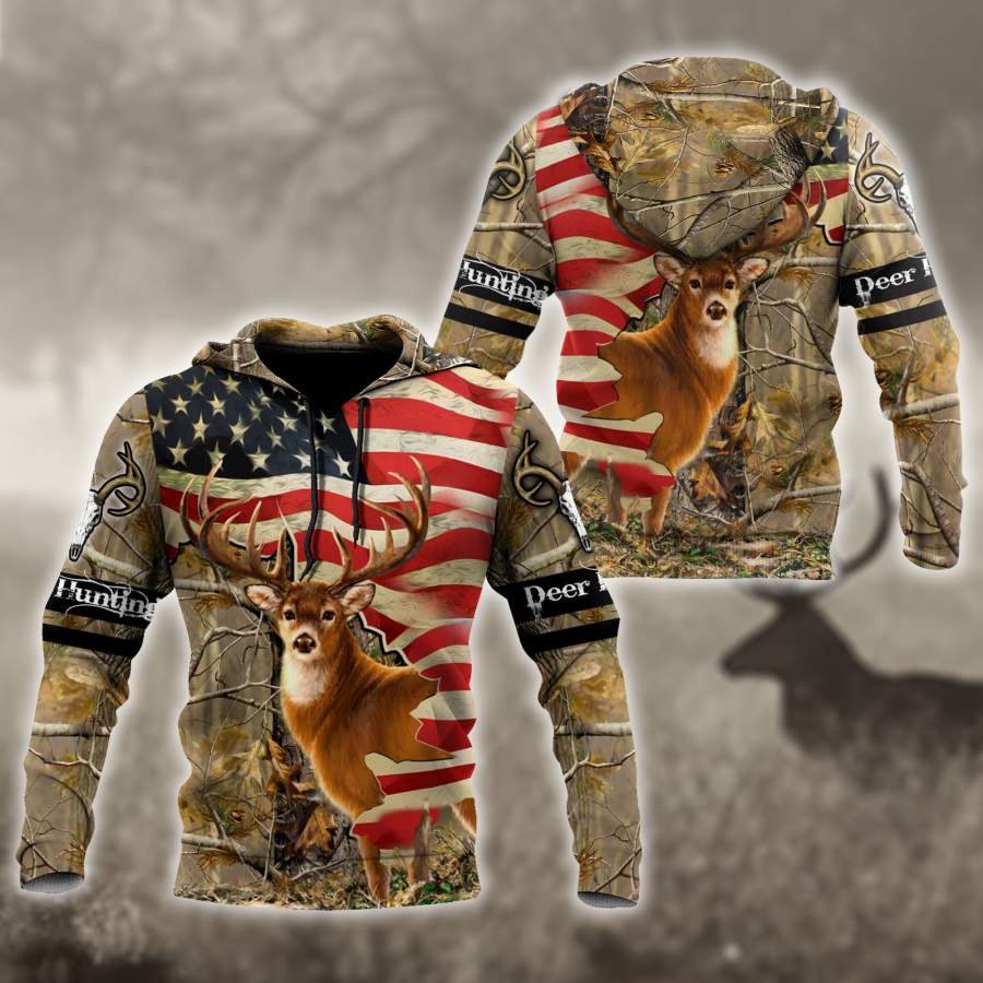 Deer Hunting America Flag Hoodie 3D All Over Printed Shirts HHT11092032-LAM