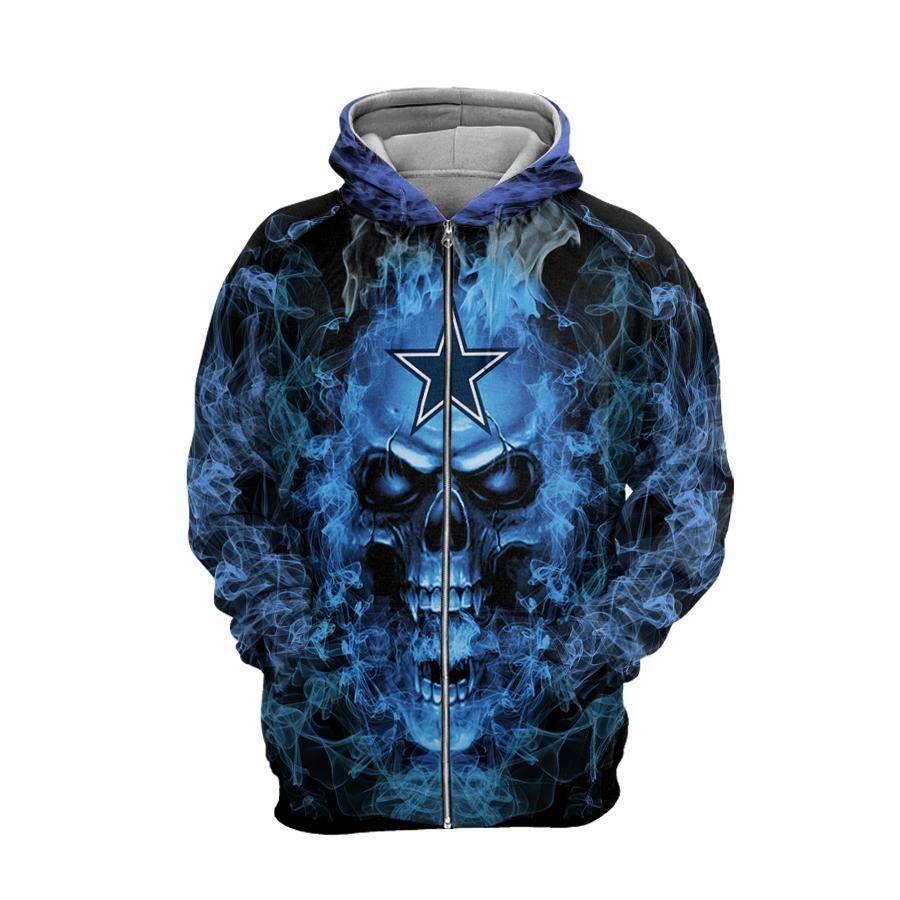 98Hd082-Dallas Cowboys Blue Smoking Skull Zip Up 3D Hoodies