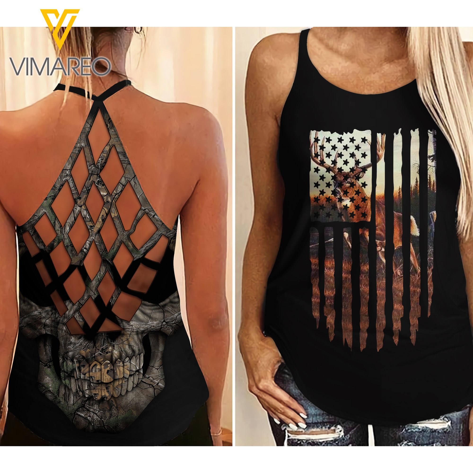 Deer Hunting Girl Criss-Cross Open Back Camisole Tank Top Legging Mar-Qh22