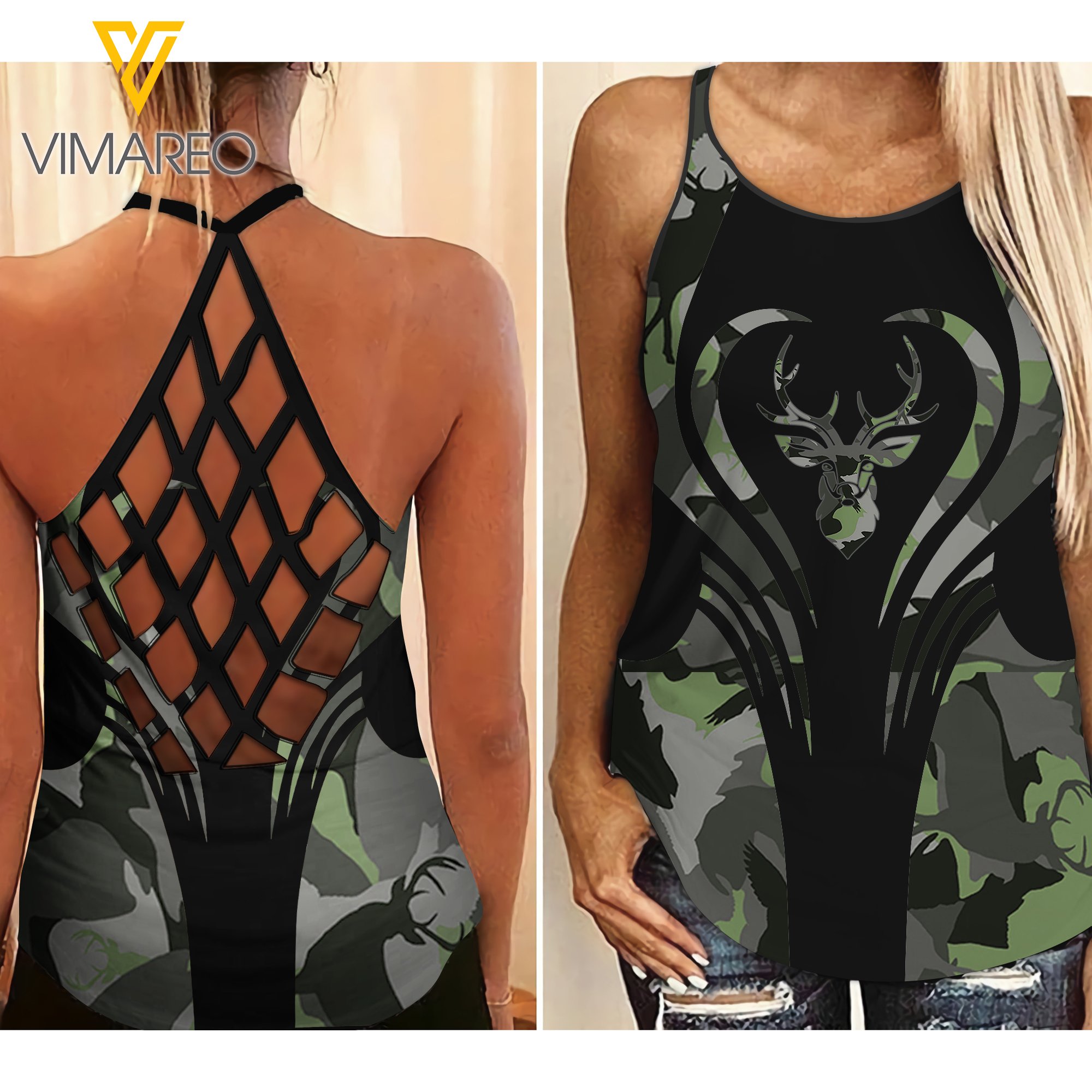 Deer Hunting Camo Criss-Cross Open Back Camisole Tank Top Tmtl