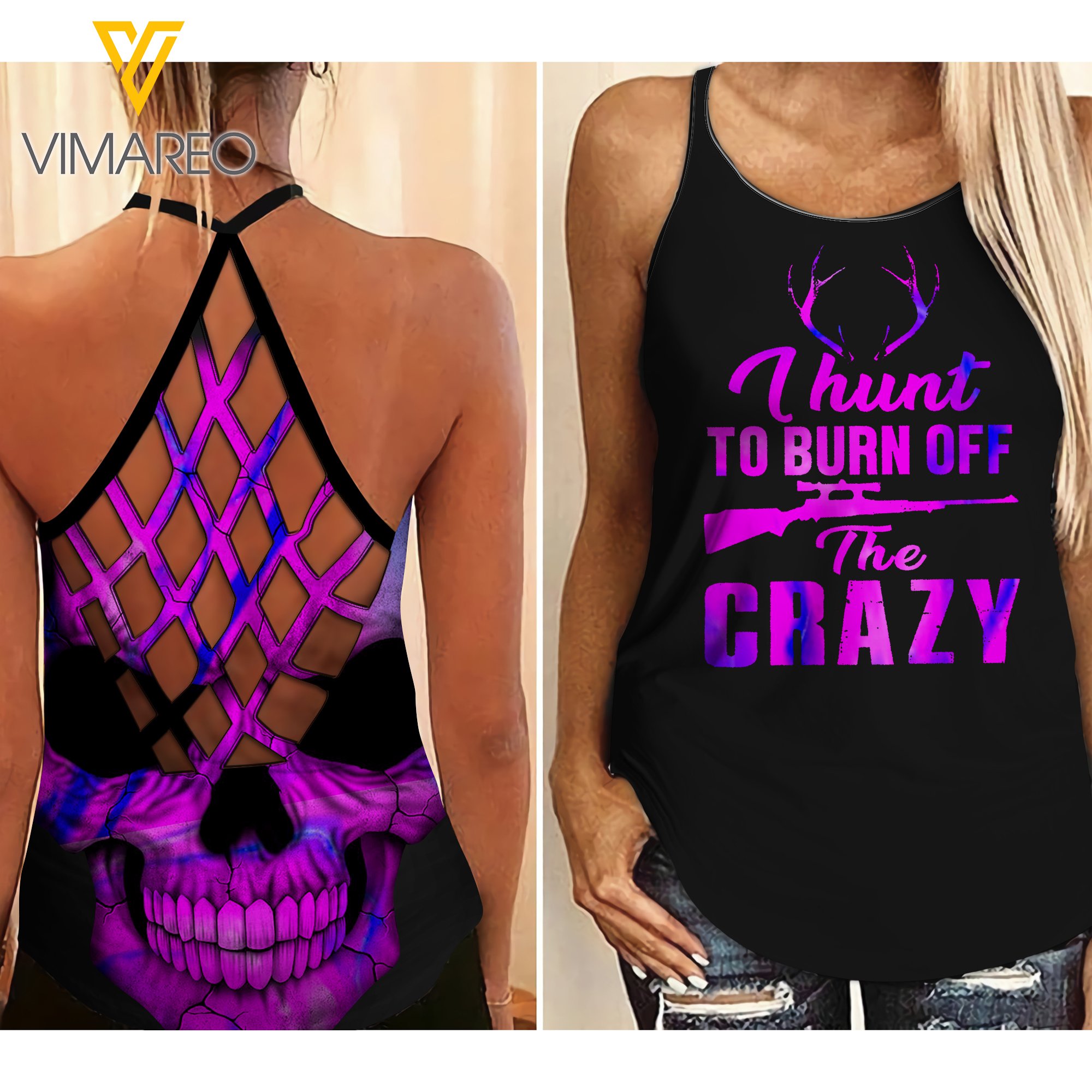 Deer Hunting Girl Criss-Cross Tank Top Skull