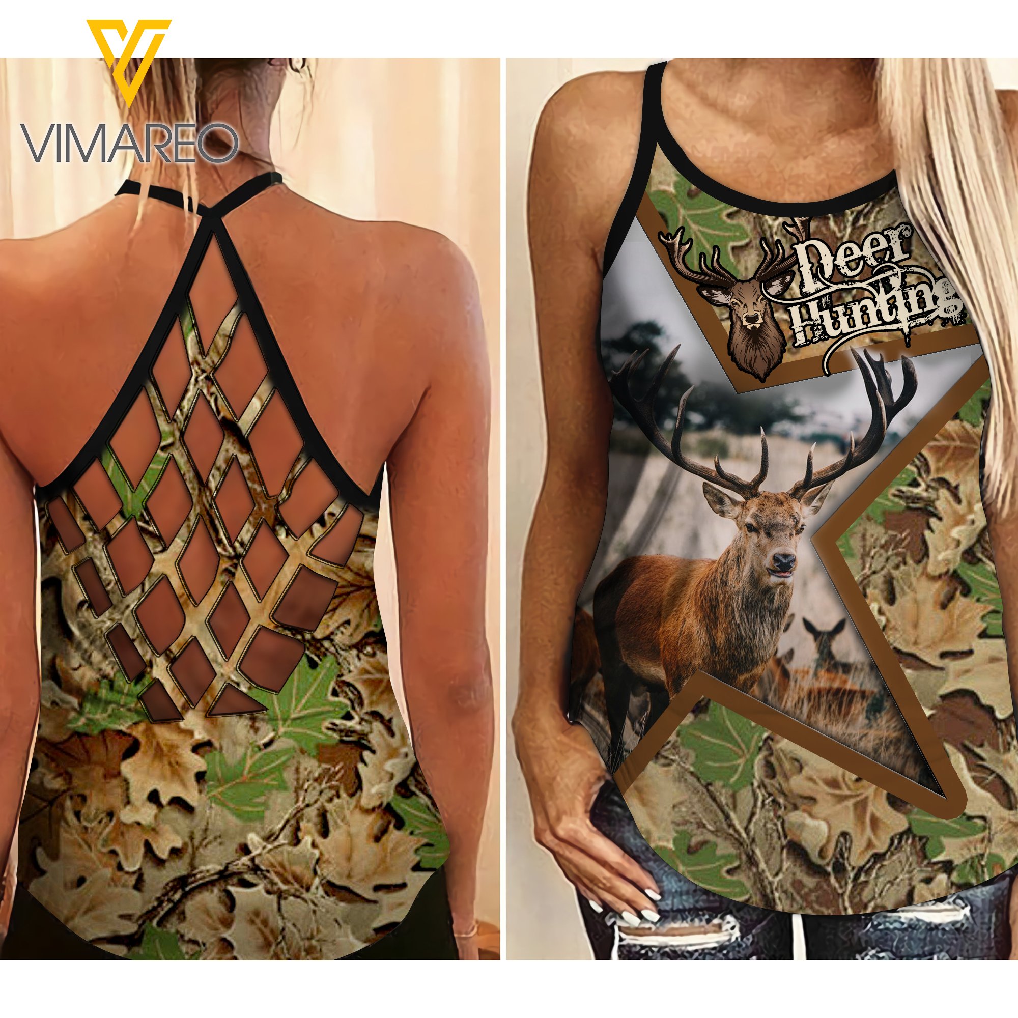 Deer Hunting Criss-Cross Open Back Camisole Tank Top Tmt