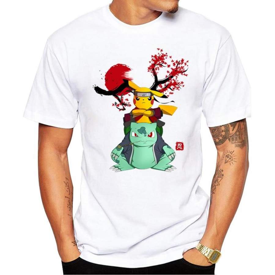 2019 New Arrival Pokemon Naruto Men T-Shirt Pikachu Crossover Printing Short Sleeve Casual Tee Shirts Hipster Funny Tops