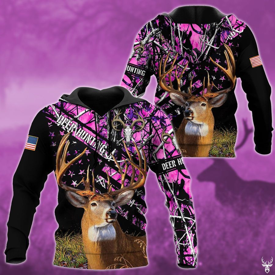 Deer Hunting Purple Flag Unisex 3D Hoodie All Over Print KMBWR