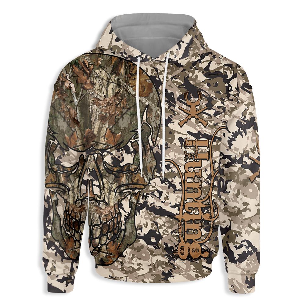 Camouflage Deers Hunting All Over Print Hoodie, Skull Graphic Hoodie