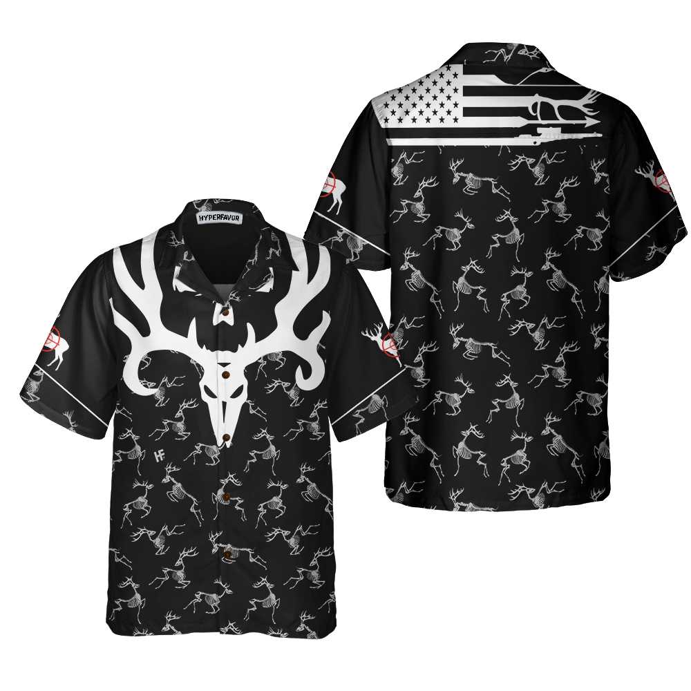 Deer Head Skull Bone America Hunting Hawaiian Shirt, Black And White Deer Hunting Shirt,