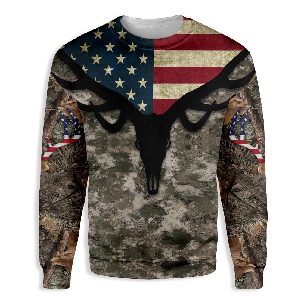 Deer Skull Hunting And American Flag Ez26 1410 All Over Print Sweatshirt