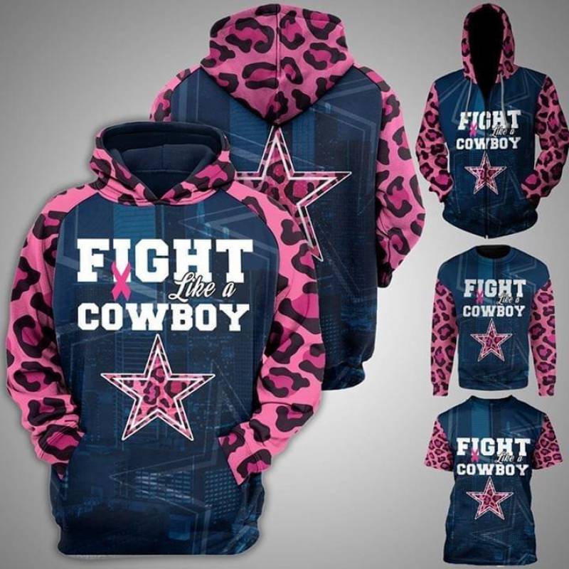 Dallas Cowboys Fight Like A Cowboys Pink Leopard Pattern Slevees Br East Cancer Hoodie Unisex 3D All Over Print