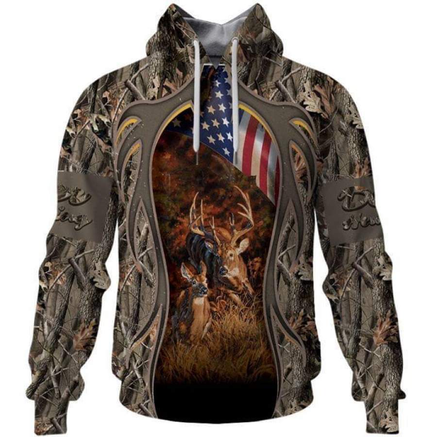 Deer Hunting American Flag Forest Hoodie Unisex 3D All Over Print