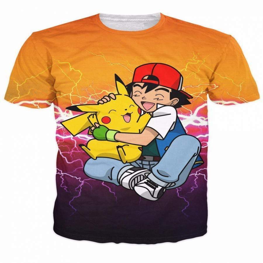 Anime Pokemon Cute Ash Ketchum Hug Pikachu Happy Moment 3D T-Shirt 3D All Over Print