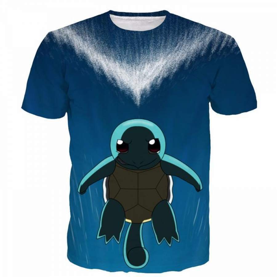 Cute Sad Squirtle Turtle Pokemon Go Blue Sea Water 3D T-Shirt 3D All Over Print