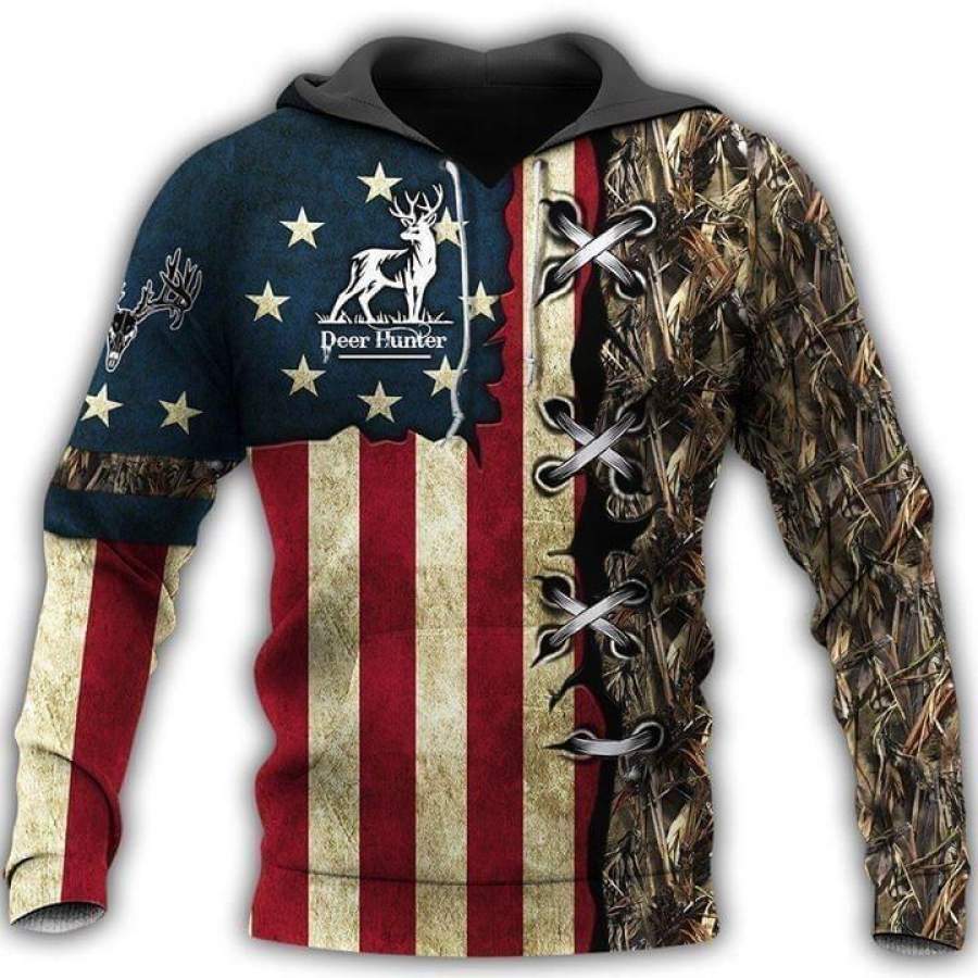 Deer Hunter American Flag For Hunting Lover Printed Hoodie Unisex 3D All Over Print