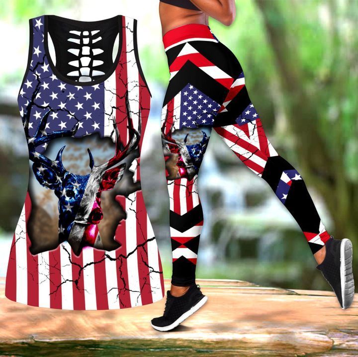 94THHHT-DEER HUNTING AND AMERICAN FLAG COMBO LEGGING TANKTOP