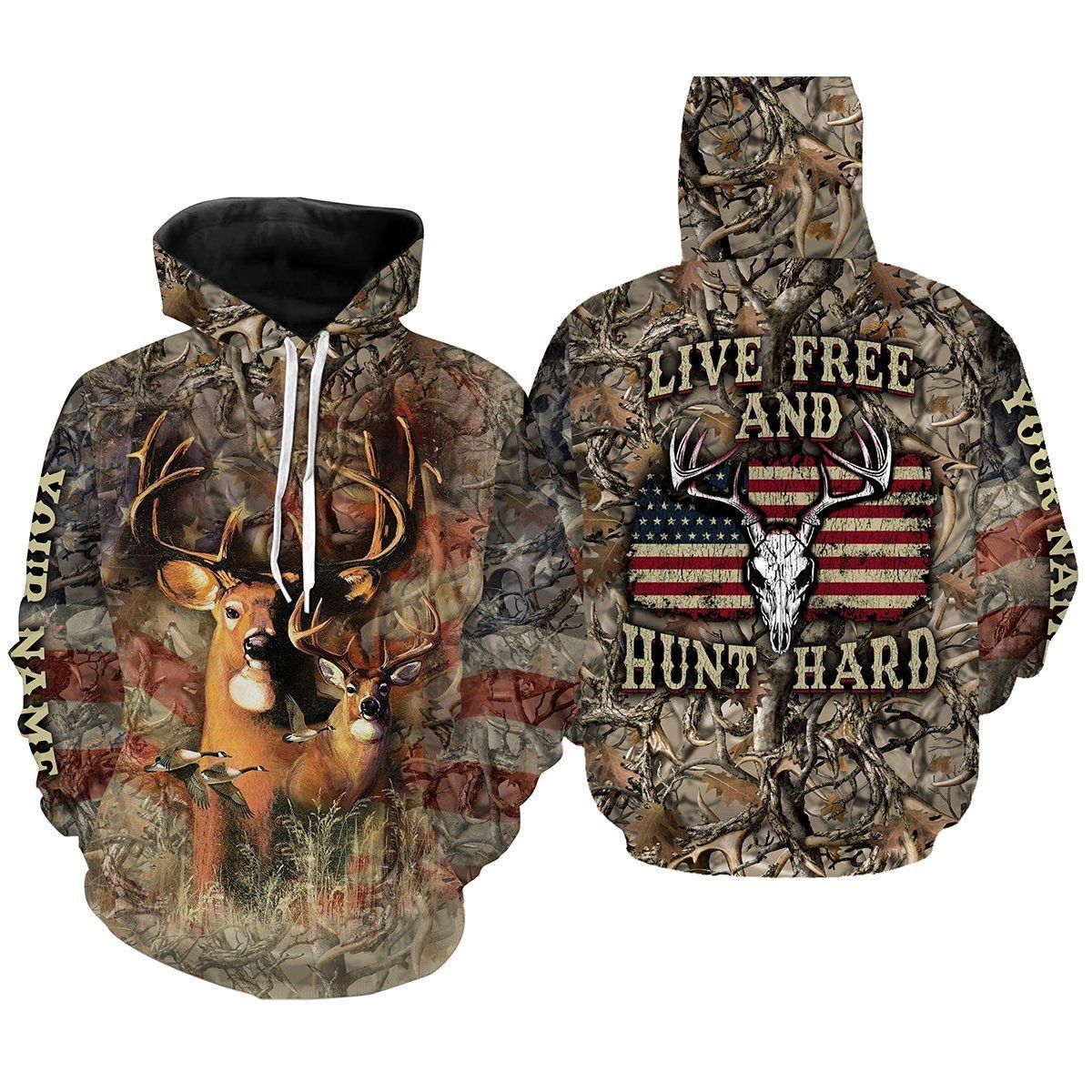 86THHHT-DEER HUNTING “Live Free and Hunt Hard” American Flag Custom Name 3D All over print