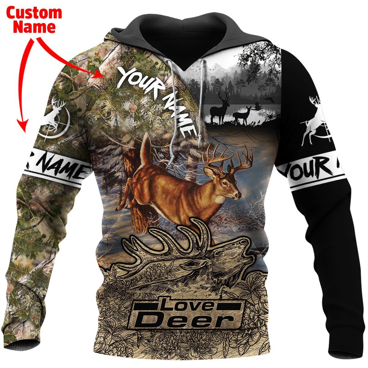 286THHHT-DEER HUNTING CUSTOM NAME 3D ALL OVER PRINT