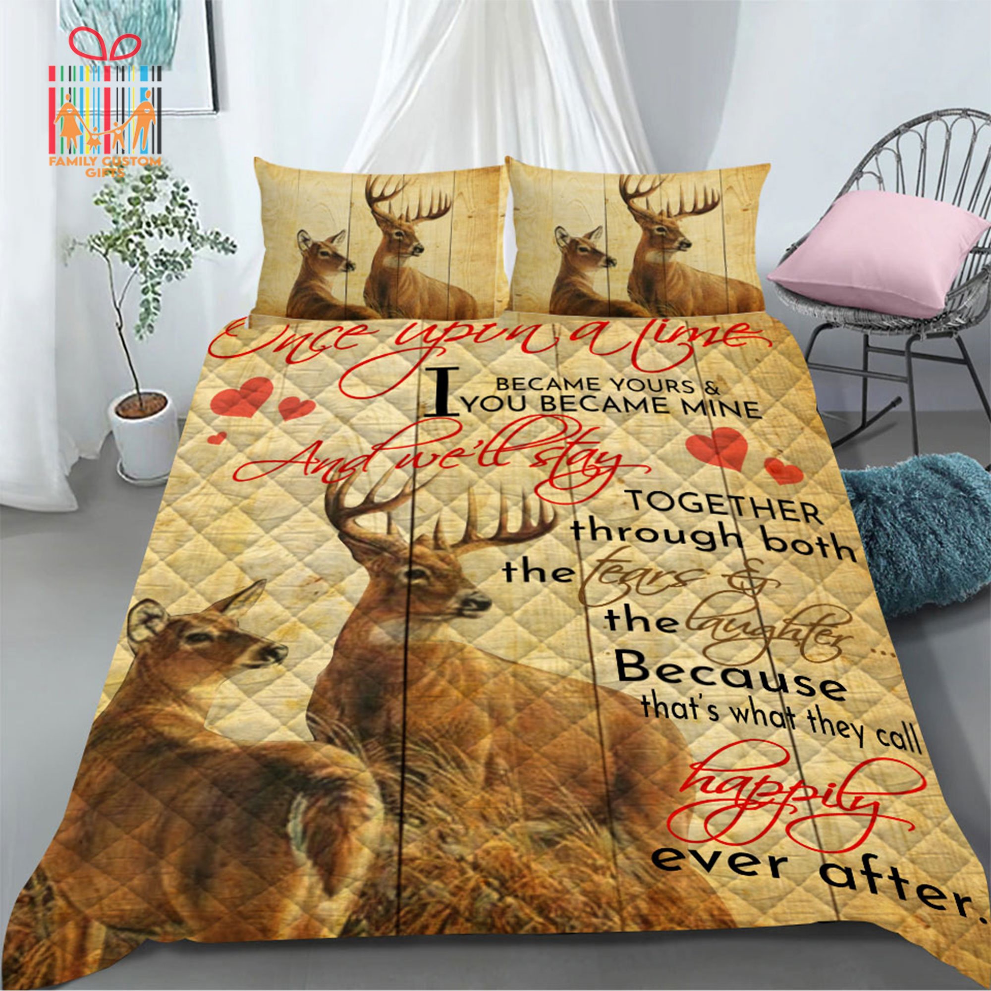 Custom Quilt Sets For Teens Adult Deer Hunting Couple Personalized Quilt Bedding For Couple