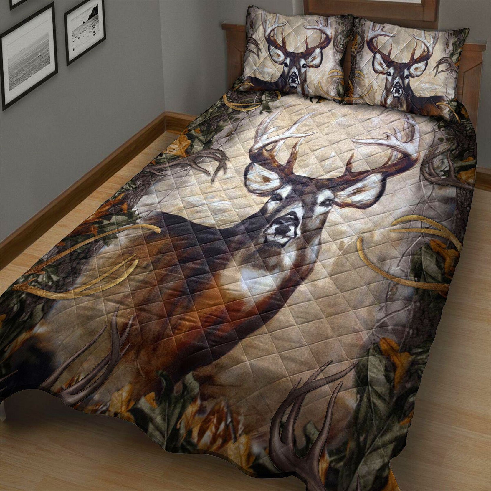 Custom Quilt Sets Deer Hunting Wild Animal Quilt Bedding Set with 1 Quilt & 2 Pillow Cover