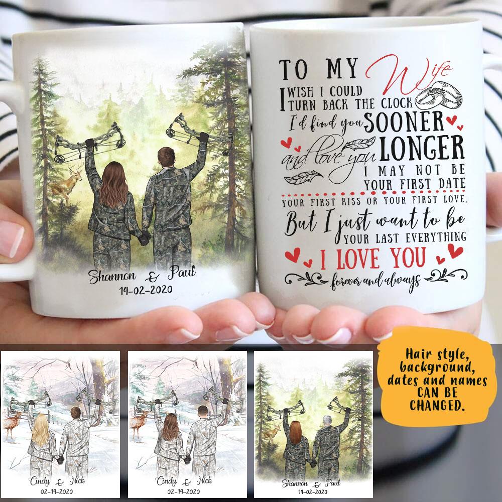 Bows Deer Hunting camo couple mug customized hair skin mug, personalized Valentine’s Day gift