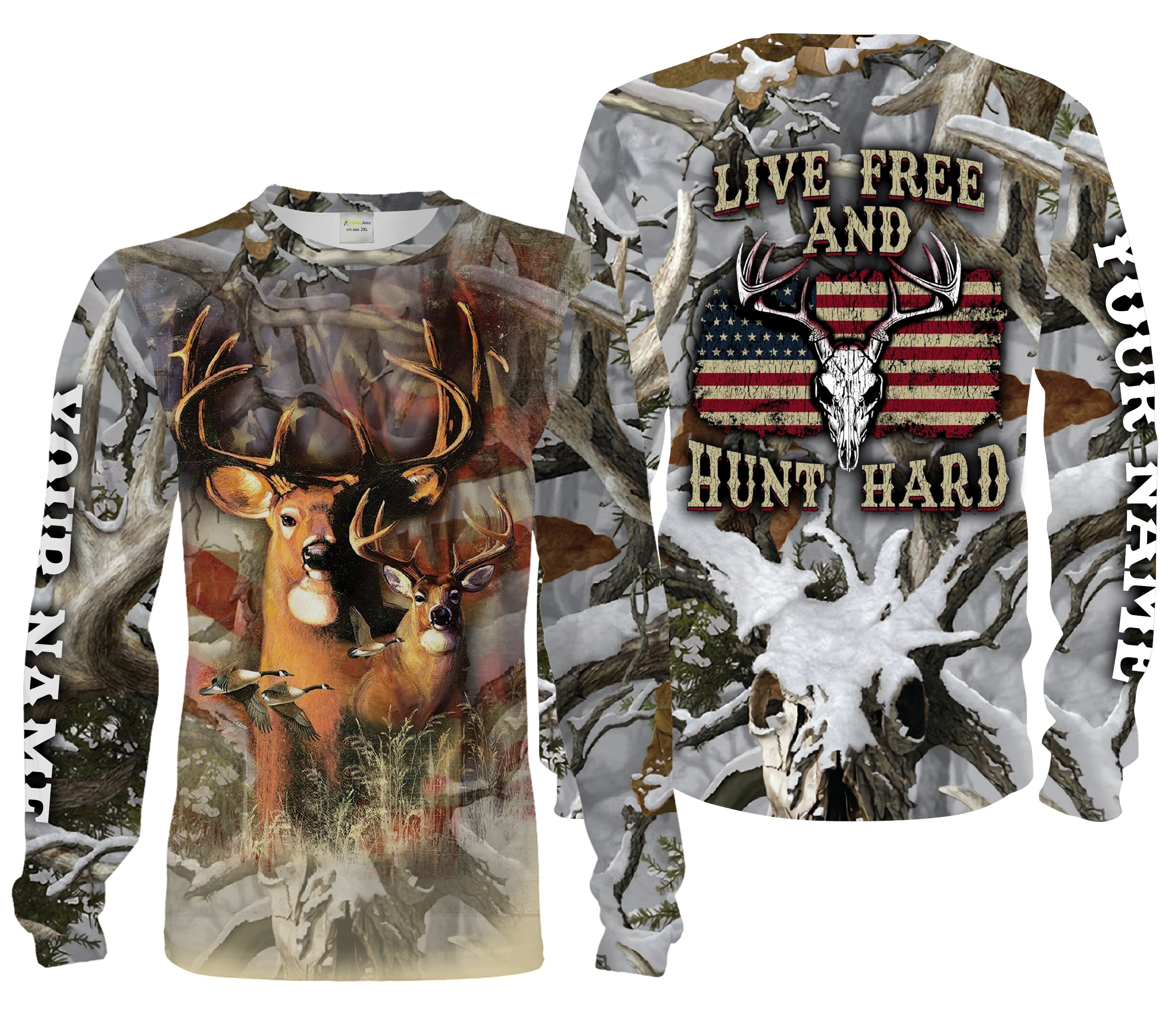 Deer Hunting US American Flag Snow Camo Live Free and Hunt Hard 3D All over Print Shirts, Hoodie -Gift Ideas For Hunters Chipteeamz FSD1983