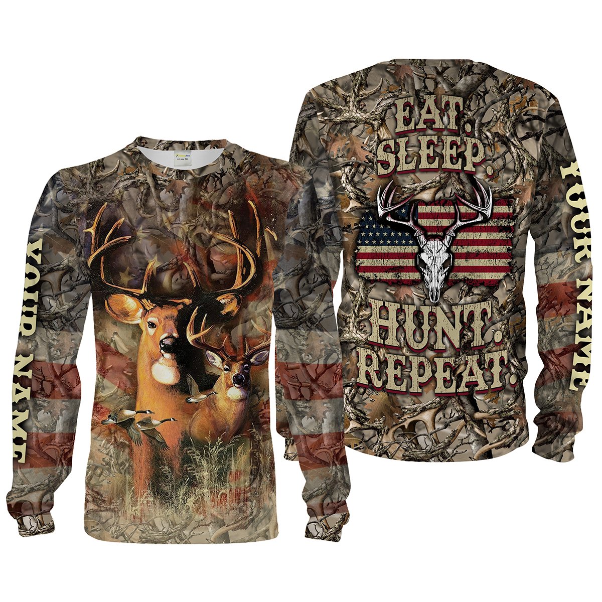 Eat Sleep Hunt Repeat Deer Hunting American Flag Funny Hunting 3D Full Printing Shirts Personalized Hunter Gift Shirt Chipteeamz FSD2002