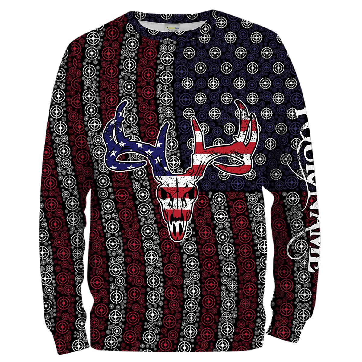 American Flag Target Deer Hunting Deer Skull Custom Name All Over Print Long Sleeve, Hoodie Patriotic Hunting Shirts Chipteeamz FSD1896