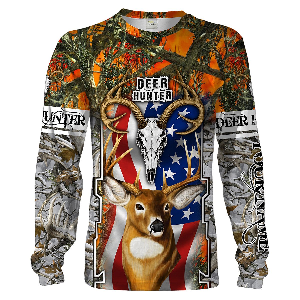 Deer Hunting Orange Camo American Flag Custom Name 3D Full Printing Shirts – Personalized Hunting Gifts Chipteeamz FSD1810