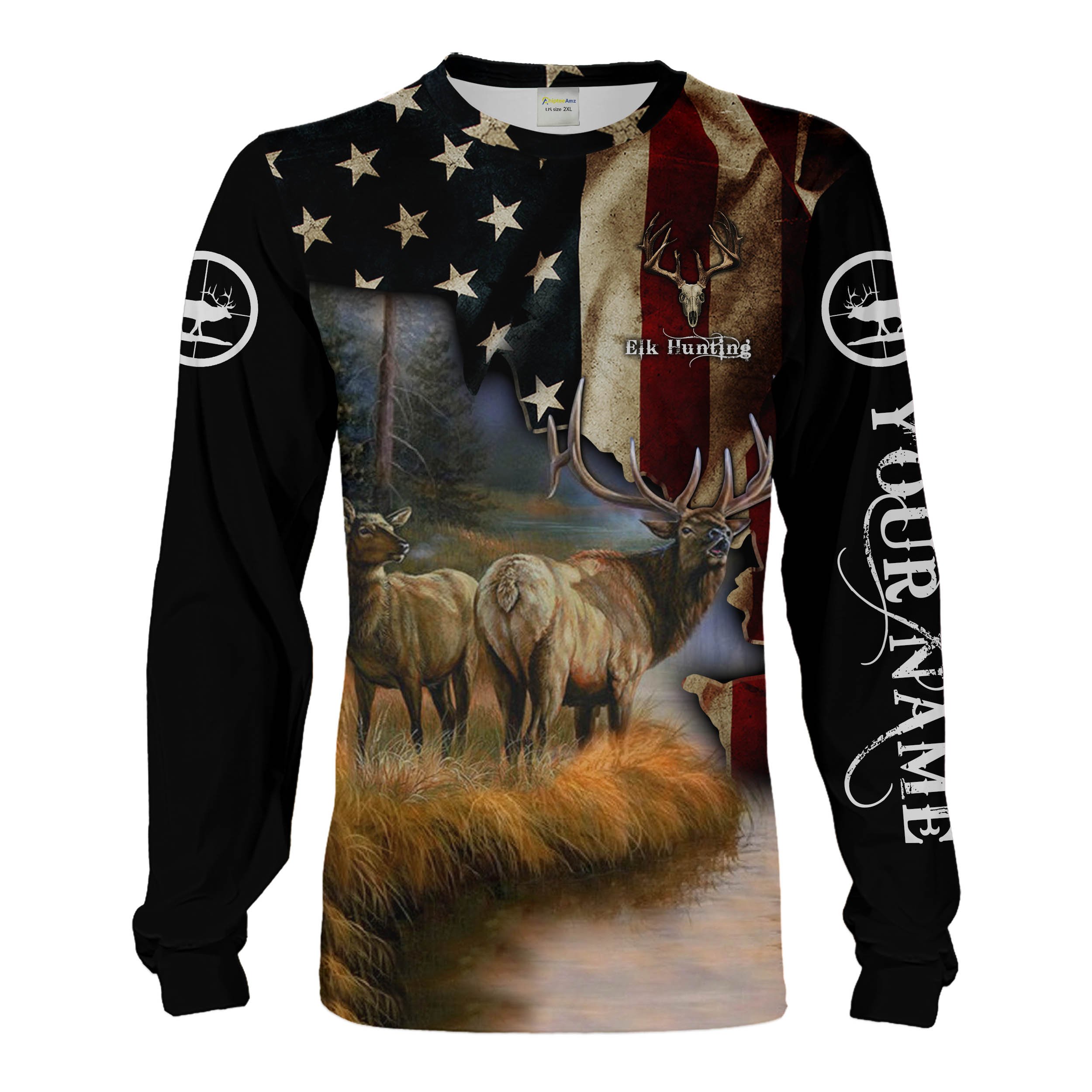 Elk Hunting American Flag Custom Name 3D All Over Printing Shirt, Hoodie For Men Women Personalized Hunting Gifts Chipteeamz FSD1817