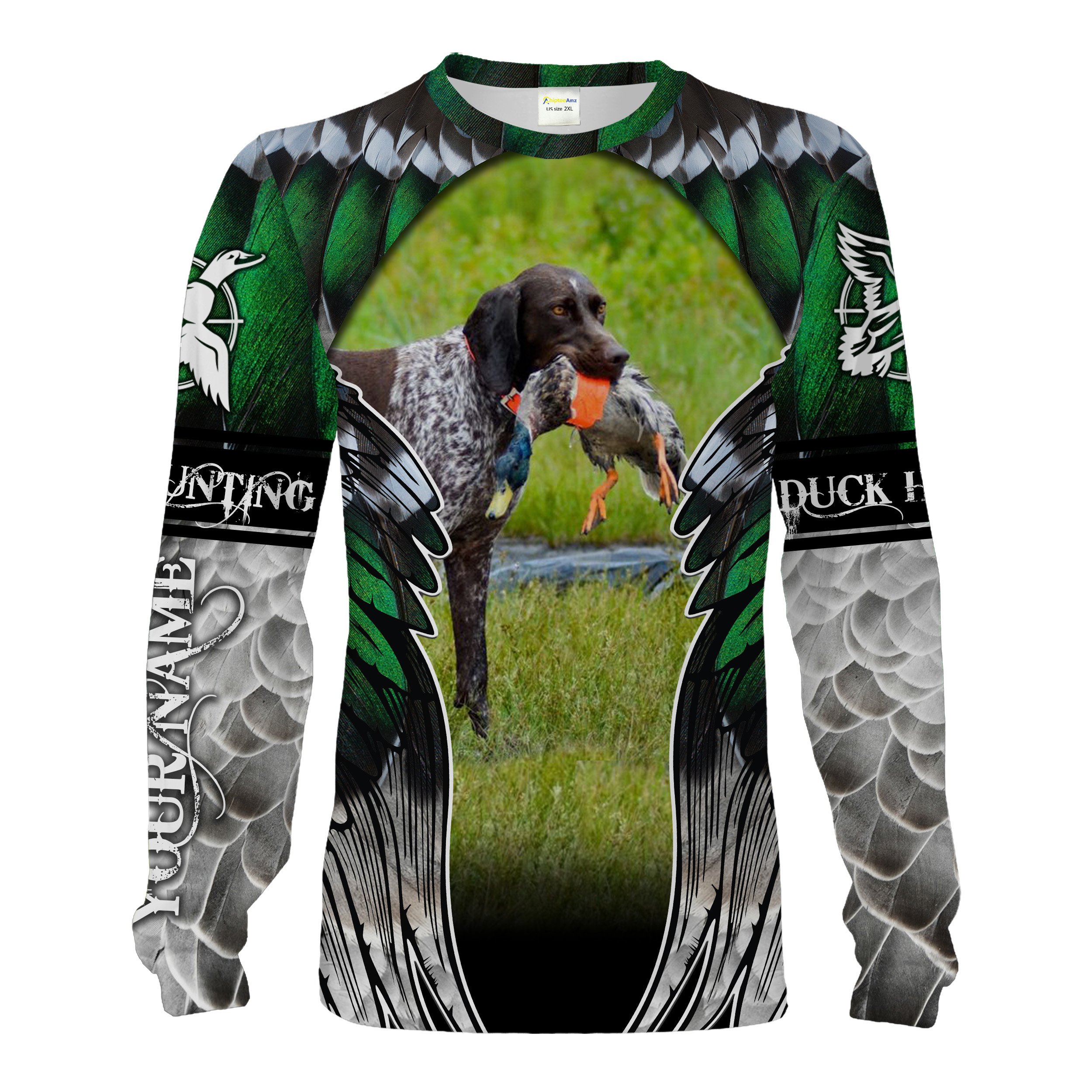 Duck Hunting With Dog GSP Duck Feather Camo Custom Name Full Printing Shirts, Hoodie Chipteeamz FSD1879