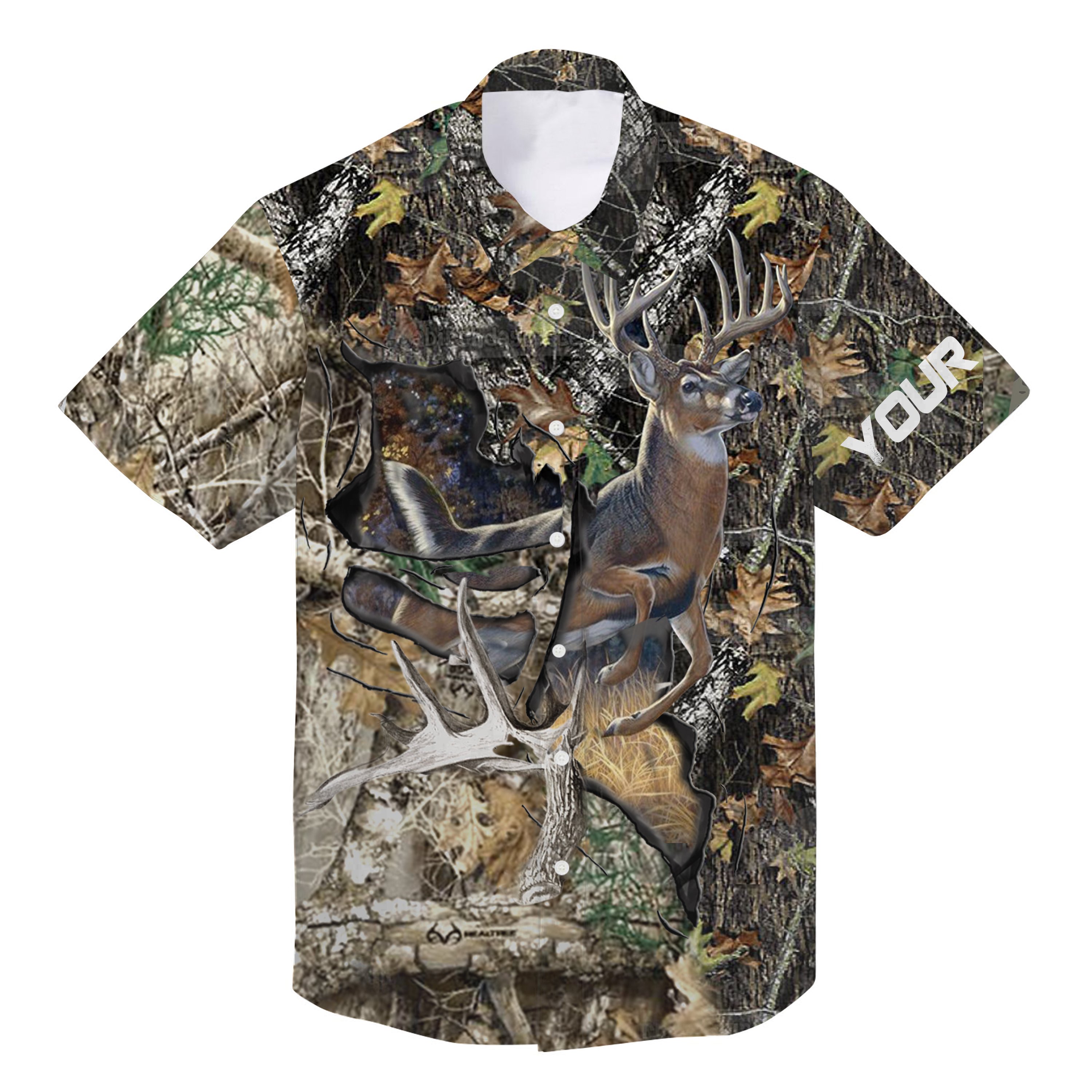 Deer Jumping Buck Hunting Camouflage Hawaiian Tshirts All Over Printed Custom Name Shirt Personalized Hunting Gifts Chipteeamz FSD1958