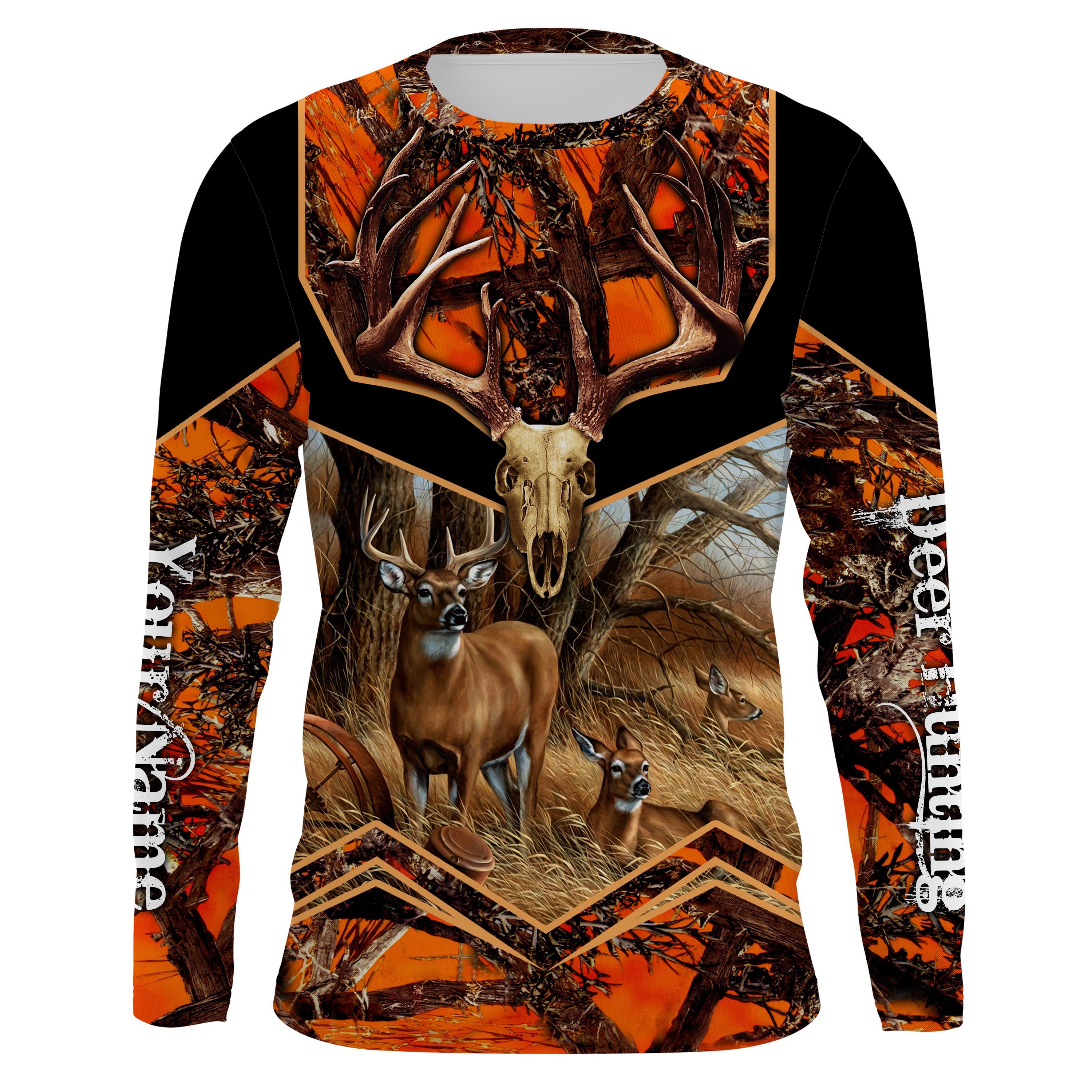 Deer Hunting Camo Orange hunting shirt Custom Name 3D All over print Plus Size shirts for men Performance Long Sleeve UV protection quick dry Customize name UPF 30+- NQS1128