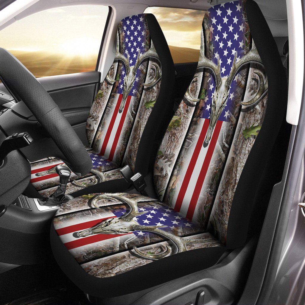 Deer Skull Deer Hunting camo American Flag 3D Printed Car Seat Covers, perfect car accessories Set of 2 – IPHW279