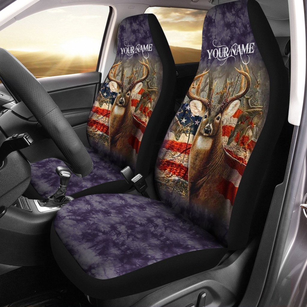 Deer hunting US flag Customized Name 3D All over print Car Seat Covers – Car Accessories Set of 2 – FSD940