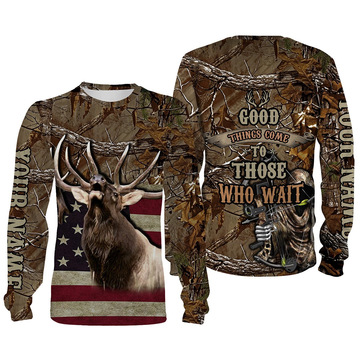 Elk hunting American Flag camo Custom Name 3D All over print Shirts, Face shield – personalized hunting gifts – FSD1062