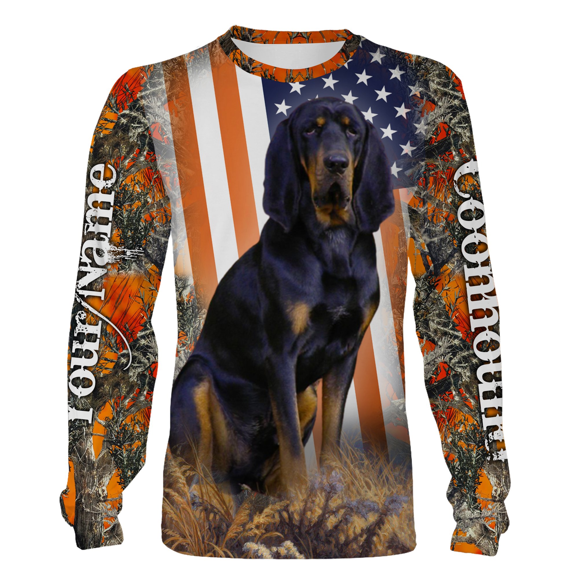 Coonhound American flag coon hunting dog orange camo 3D All over print Shirt, Sweatshirt, Hoodie Personalized hunting gifts – FSD1094