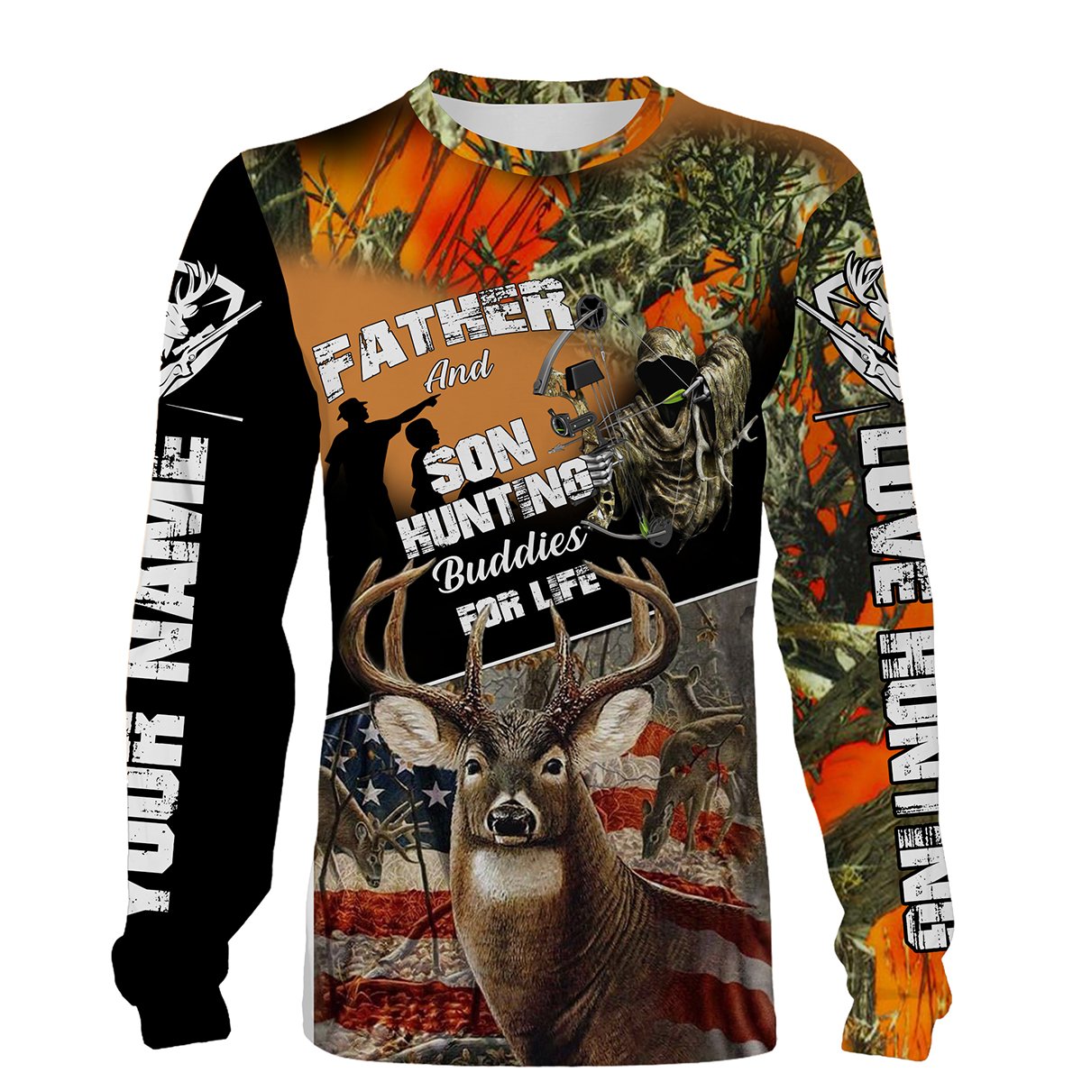 “Father And Son Hunting Buddies For Life” US flag Deer hunting orange camo Custom Name Shirts – Personalized hunting gifts – FSD1542
