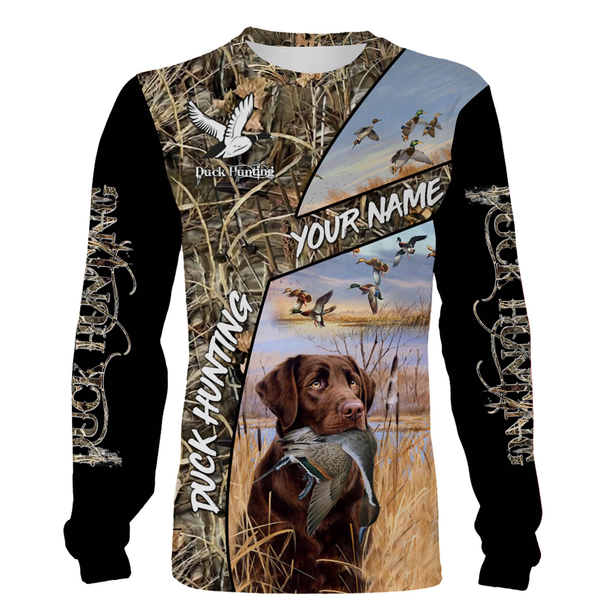 Duck hunting with dog Chocolate Labrador Retriever Waterfowl camo Shirts, hoodie – Personalized hunting shirt for Duck hunter FSD1552