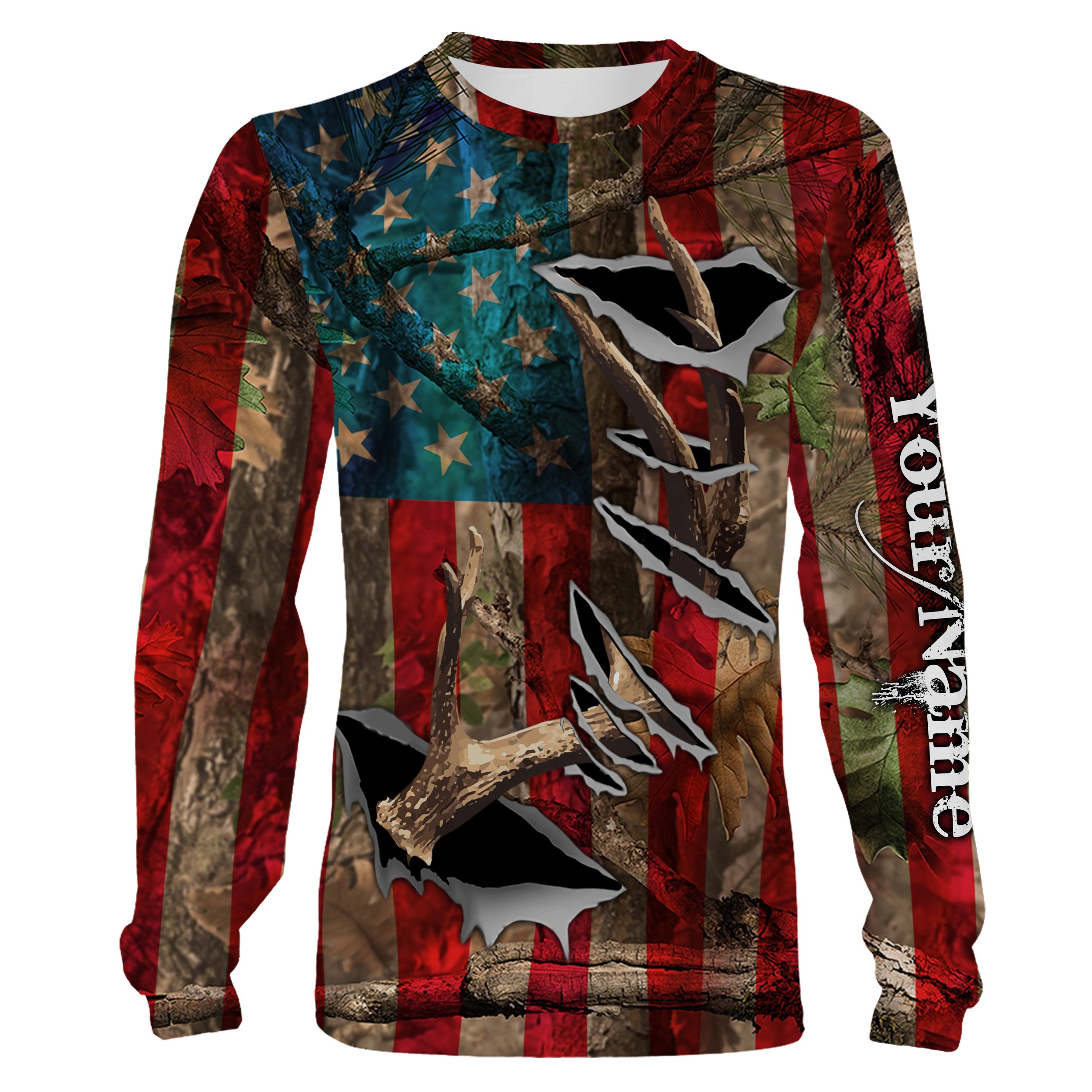 American Flag Deer Horn Hunting Shirts, Personalized Patriotic Hunting Gifts For Hunters, Hunting Camo Clothing – IPHW720