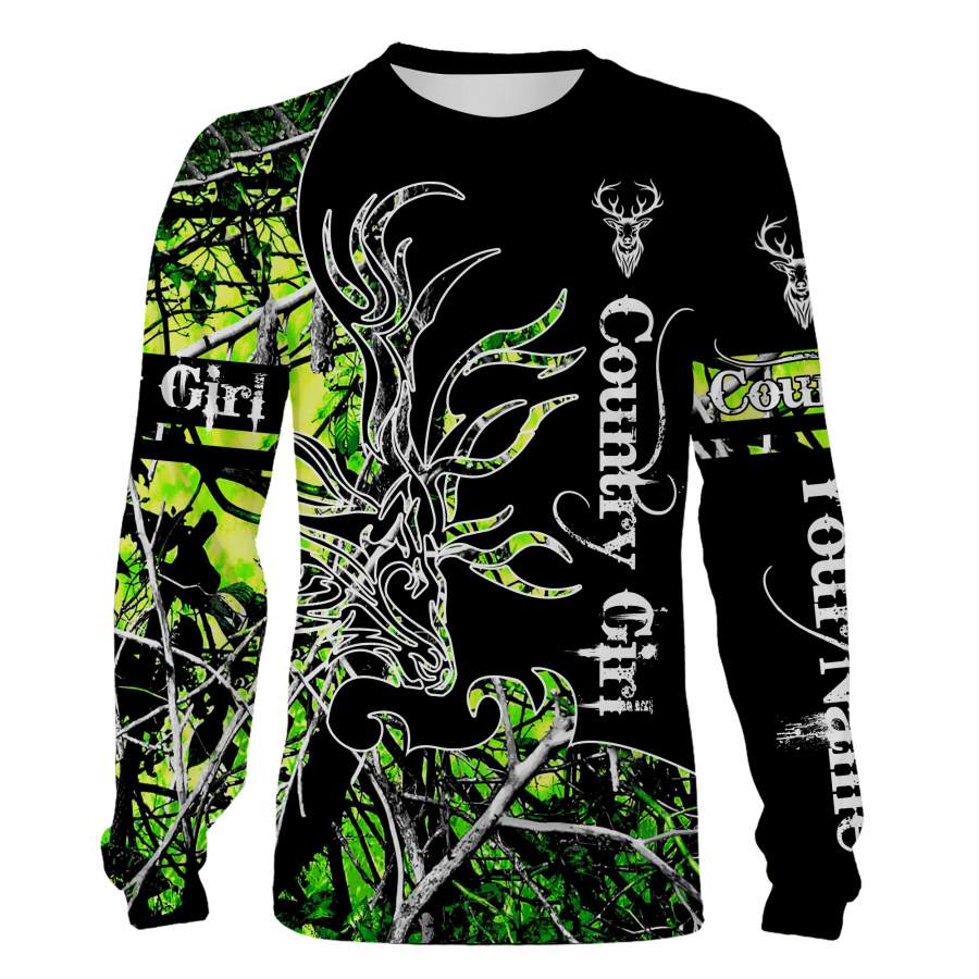 Country Girl Deer hunting Toxic Green camo Customize Name 3D All Over Print shirts, leggings Personalized country girl clothes – FSD995