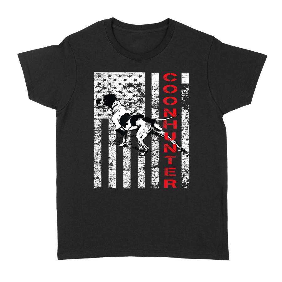 Distressed Coon Hunting Shirt with a Hound Dog and USA Flag Women’s T-shirt – FSD866