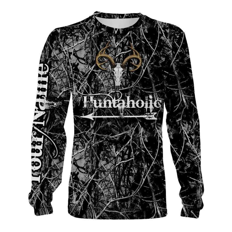 Deer skull huntaholic hunting camouflage shirt, camo long sleeve, t shirt, jackets, hoodie Customize Name 3D All Over Printed Shirts plus size NQS1157