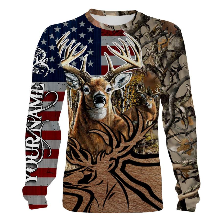 American Deer hunting camouflage shirt, camo hunting long sleeve, t shirt, jackets, hoodie Customize Name 3D All Over Printed Shirts plus size NQS1156