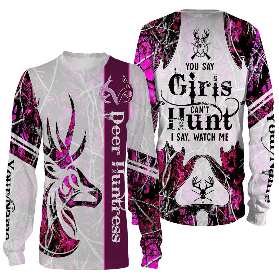 Deer Huntress pink camouflage Hunting girls Custom name Full printing shirts for girl and women – IPH2322