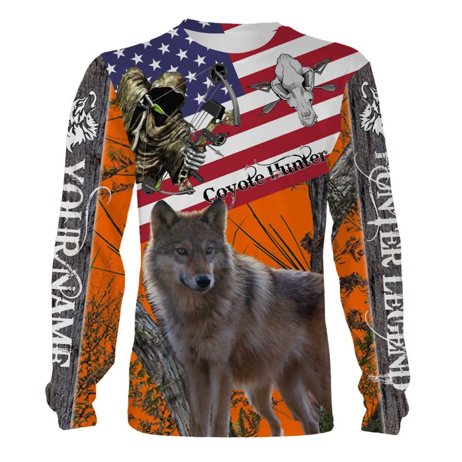 Coyote hunting US flag orange camo custom Name 3D All over print Shirt – Personalized hunting gift for hunter – FSD708