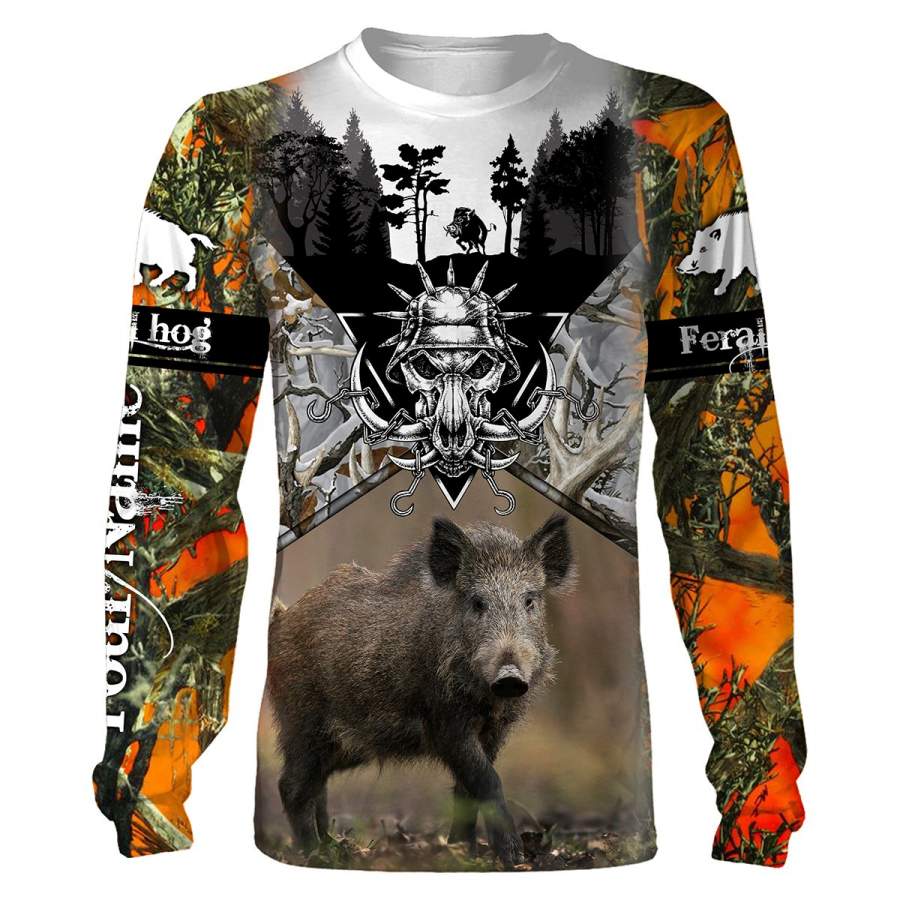 Feral hog hunting Orange camo custom Name 3D all over printing Hoodie, Sweatshirt, T-shirt, Long sleeves – Personalized hunting shirt for Hog hunter – FSD696