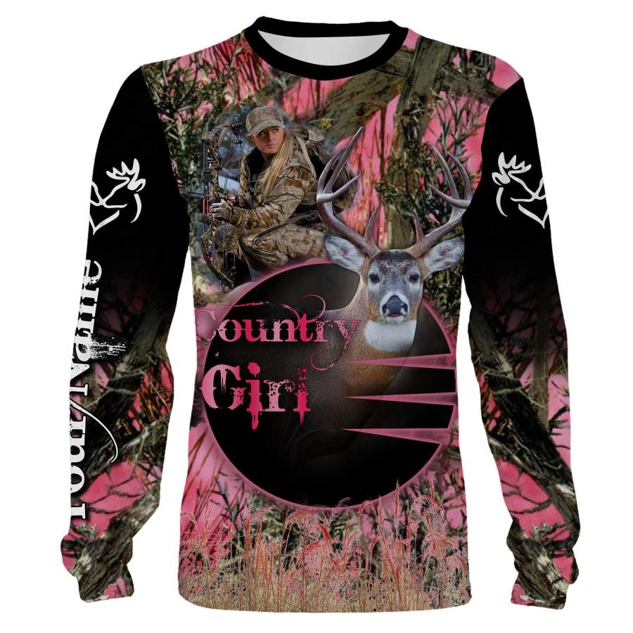 Country girl Deer hunting Women Pink Camouflage shirt custom Name 3D All over printing Sweatshirt, Long sleeves, Hoodie – FSD657