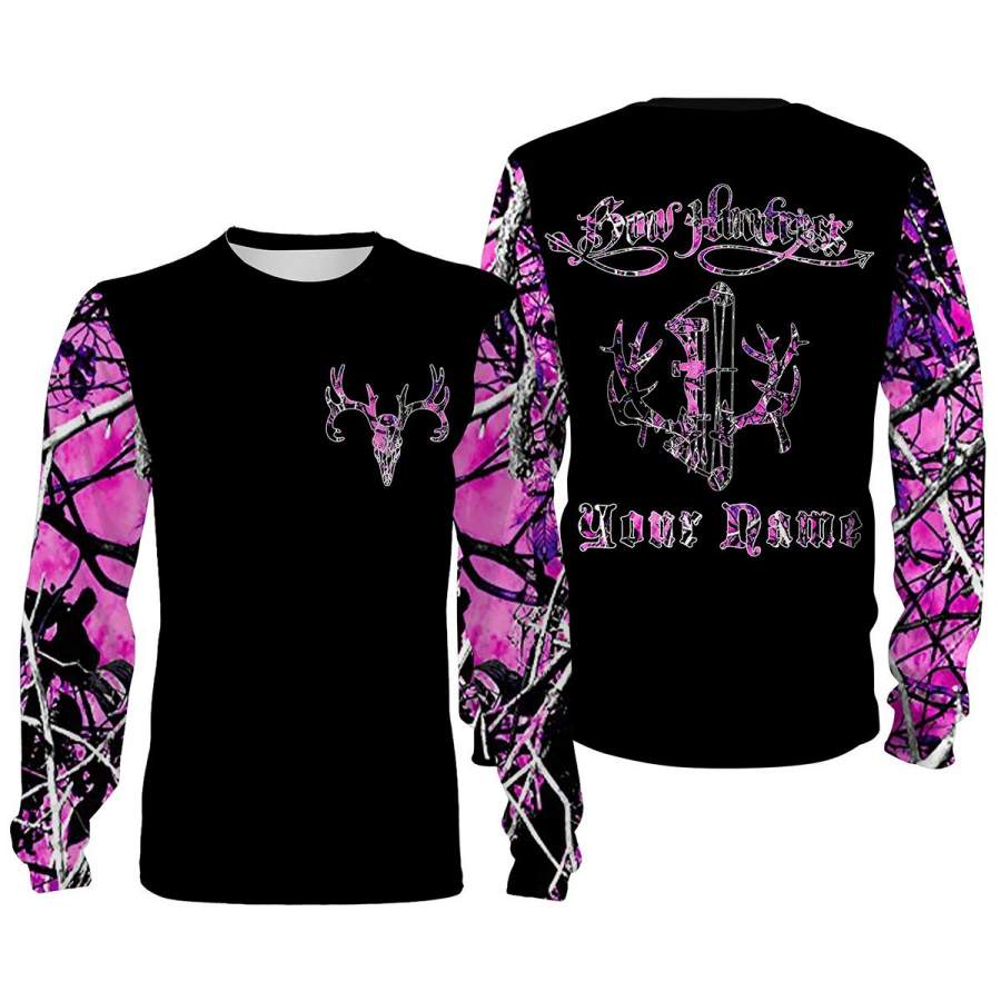 Bowhunting Deer skull pink camo custom name 3D All over printing T-shirt, Sweatshirt, Long sleeves, Hoodie – Personalized hunting gift for Hunter – FSD628