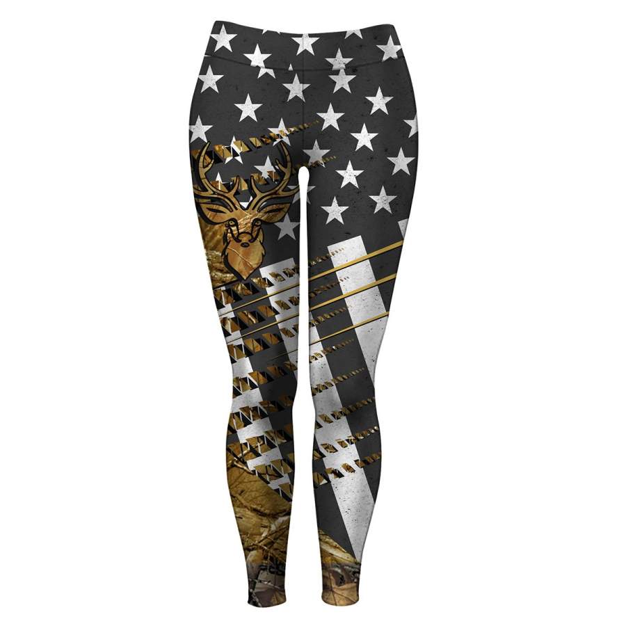 Deer hunting camo pants, leggings, american hunting flag gift for hunting lovers, men, women- NQS893