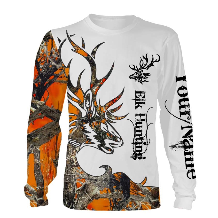 Elk tattoo Orange camo Custom Name 3D All over print Shirts, Face shield – Personalized hunting gifts – FSD350